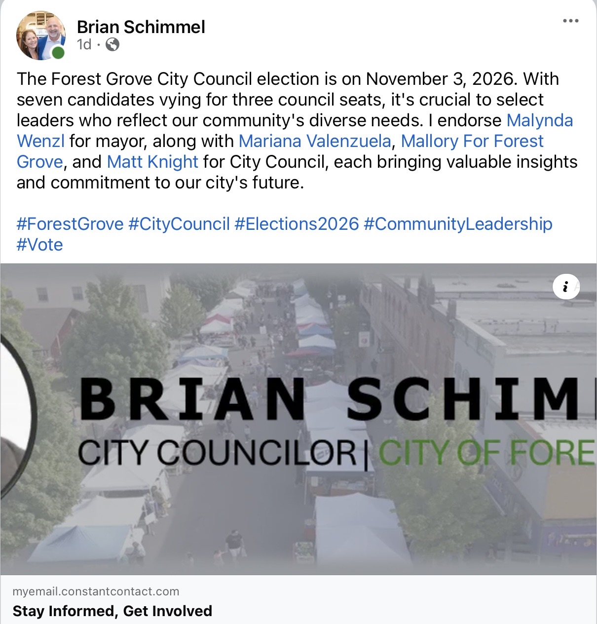 Screenshot documenting Brian Schimmel’s public endorsement
